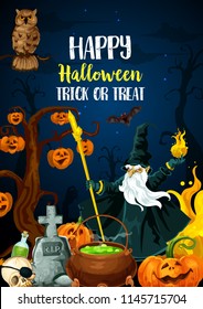 Halloween holiday trick or treat celebration poster. October horror night party invitation banner with spooky pumpkin lantern, bat and skull, evil wizard, owl and witch potion, cemetery and graveyard