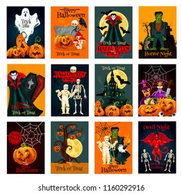 Halloween holiday trick or treat greeting card set. Halloween pumpkin lantern, spider and bat, ghost, skeleton skull and zombie, Dracula vampire and haunted house, devil, mummy and moon card design