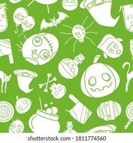 Halloween holiday - Vector background (seamless pattern) of silhouettes pumpkin, ghost, bat, spider, skull, cat and others for graphic design