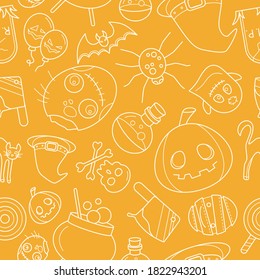 Halloween holiday - Vector background (seamless pattern) of pumpkin, ghost, bat, spider, skull, cat and others for graphic design