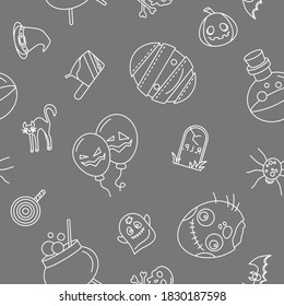 Halloween holiday - Vector background (seamless pattern) of pumpkin, ghost, bat, spider, skull, cat and others for graphic design