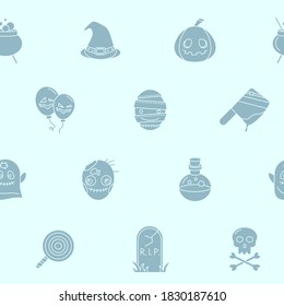 Halloween holiday - Vector background (seamless pattern) of silhouettes pumpkin, ghost, bat, spider, skull, cat and others for graphic design