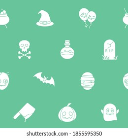 Halloween holiday - Vector background (seamless pattern) of silhouettes pumpkin, ghost, bat, spider, skull, cat and others for graphic design