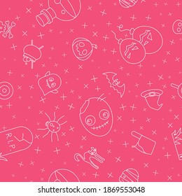 Halloween holiday - Vector background (seamless pattern) of pumpkin, ghost, bat, spider, skull, cat and others for graphic design