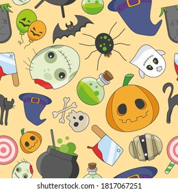 Halloween holiday - Vector color background (seamless pattern) of pumpkin, ghost, bat, spider, skull, cat and others for graphic design