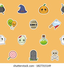 Halloween holiday - Vector color background (seamless pattern) of pumpkin, ghost, bat, spider, skull, cat and others for graphic design