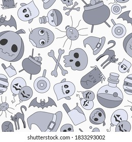 Halloween holiday - Vector color background (seamless pattern) of pumpkin, ghost, bat, spider, skull, cat and others for graphic design