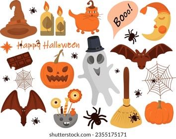 Halloween holiday. Vector cute illustrations of objects: pumpkin head, mysterious cat, ghosts, distribution hat, bats, spiders, cobwebs and more. EPS 10.