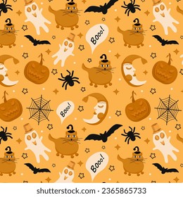 Halloween holiday. Vector cute illustrations of objects: pumpkin head, mysterious cat, ghosts, distribution hat, bats, spiders, cobwebs and more. EPS 10. - Shutterstock ID 2365865733