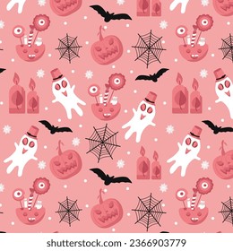 Halloween holiday. Vector cute illustrations of objects: pumpkin head, mysterious cat, ghosts, distribution hat, bats, spiders, cobwebs and more. EPS 10.
