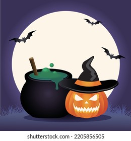 Halloween holiday vector, evil pumpkin in witch hat and boiling soup