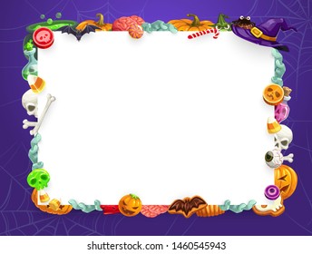 Halloween holiday vector frame of trick or treat sweets and horror night monsters. Pumpkins, witch hat and skeleton skulls, candies, lollipops and cakes, bats, spiders and net, zombie hand and brain