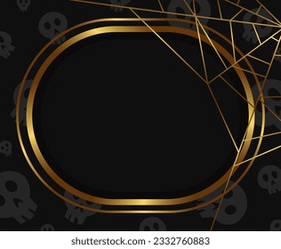 Halloween holiday vector illustration background with golden frame, spider web and skull texture