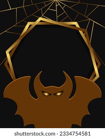 Halloween holiday vector illustration background with golden frame, spider web and bat shape