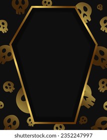 Halloween holiday vector illustration background with golden coffin frame and skull texture