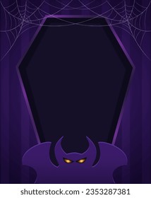 Fondo de ilustración vectorial de vacaciones de Halloween con marco de ataúd púrpura, tela de araña y forma de murciélago