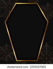 Halloween holiday vector illustration background with golden coffin frame and spider web texture