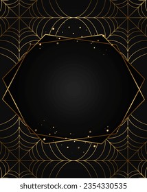 Halloween holiday vector illustration background with golden polygon frame and spider web texture