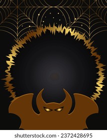 Halloween holiday vector illustration background with golden rough frame, bat and spider web texture