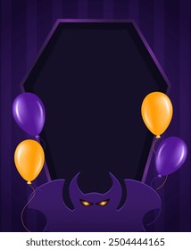 Halloween holiday vector illustration background with purple coffin frame, flying balloons and bat shape