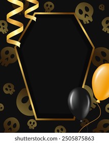 Halloween holiday vector illustration background with golden coffin frame, ribbons, flying balloons and skull texture