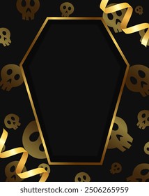 Halloween holiday vector illustration background with golden coffin frame, ribbons and skull texture