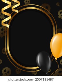 Halloween holiday vector illustration background with golden frame, ribbons, flying balloons and skull texture