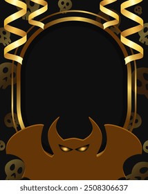 Halloween holiday vector illustration background with golden frame, hanging ribbons and bat shape