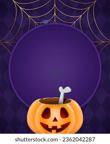 Halloween holiday vector illustration purple wall background with golden spider web, pumpkin and round frame 