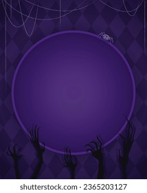 Halloween holiday vector illustration purple wall background with spider web, creepy hands and round frame 