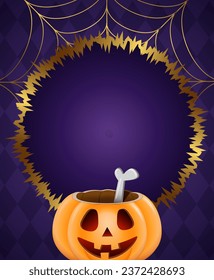 Halloween holiday vector illustration purple wall background with golden spider web, pumpkin and round rough frame 