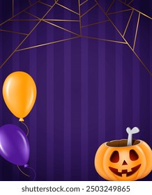 Halloween holiday vector illustration purple striped wall background with golden spider web, balloons and pumpkin