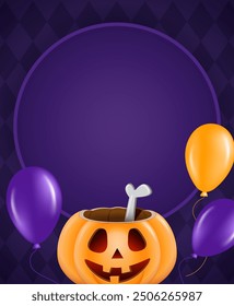Halloween holiday vector illustration purple wall background with pumpkin, flying balloons and round frame 