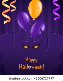 Halloween holiday vector illustration purple striped wall background with ribbons, balloons and creepy demon bat