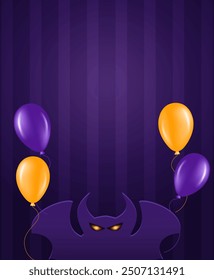 Halloween holiday vector illustration purple striped wall background with flying balloons and creepy demon bat