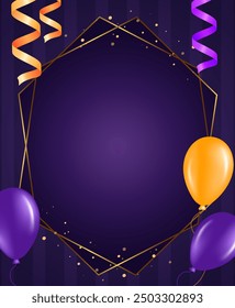 Halloween holiday vector illustration striped wall background with purple frame, ribbons and flying balloons