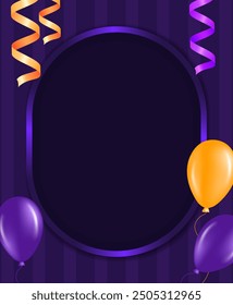 Halloween holiday vector illustration striped wall background with purple frame, ribbons and flying balloons
