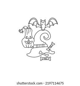 Halloween holiday vector linear icon. Card. Pumpkin, hat, bat.