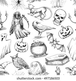 Halloween holiday vector seamless pattern of halloween death reaper, spooky ghost, black cat, bat, skeleton skull, witch cauldron, coffin, tomb. Decoration background for halloween decoration design