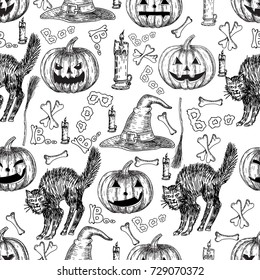 Halloween holiday vector seamless pattern of halloween death reaper, spooky ghost, black cat, bat, skeleton skull, witch cauldron, coffin, tomb. Decoration background for halloween decoration design