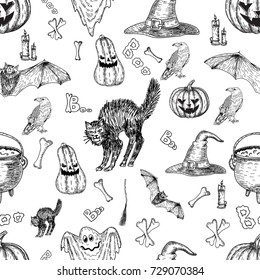 Halloween holiday vector seamless pattern of halloween death reaper, spooky ghost, black cat, bat, skeleton skull, witch cauldron, coffin, tomb. Decoration background for halloween decoration design