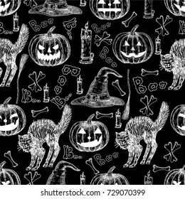 Halloween holiday vector seamless pattern of halloween death reaper, spooky ghost, black cat, bat, skeleton skull, witch cauldron, coffin, tomb. Decoration background for halloween decoration design