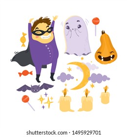 Halloween holiday vector set. child in carnival costume, ghost, bat, pumpkin