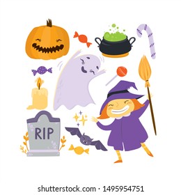Halloween holiday vector set. cute witch, pumpkin, grave, bat