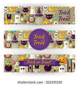 Halloween Holiday Vector Template Banners Set. Flat Design Vector Illustration of Brand Identity for Halloween Party Promotion. Trick or Treat Colorful Pattern for Advertising