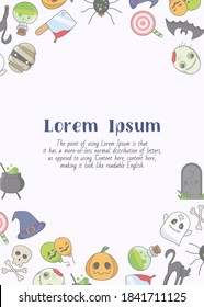 Halloween holiday - vertical card with text and vector color illustrations of pumpkin, ghost, bat, spider, skull, cat and others for graphic design