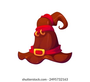 Halloween holiday witch hat with a crooked shape, adorned with red ribbons, golden rings and buckle. Isolated cartoon vector whimsical and magical cap, for party celebration or magician garment