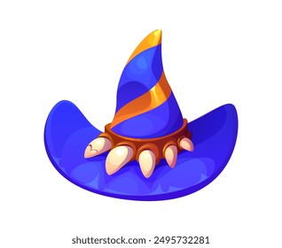 Halloween holiday witch hat. Isolated cartoon vector vibrant blue wizard cap with orange stripes and claw-like decorations around the brim. spooky and playful headwear for halloween and fantasy party