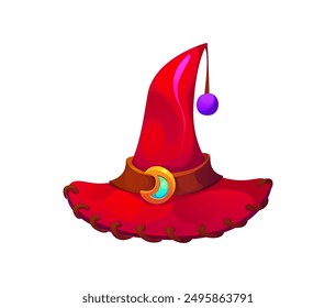 Halloween holiday witch hat. Isolated cartoon vector red fantasy cap adorned with crescent moon buckle, leather stitches on brim and purple pom-pom. Magical and spooky headwear for wizard or sorcerer