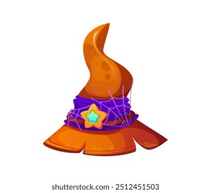 Halloween holiday witch hat with spiderweb for horror night holiday, vector cartoon icon. Halloween witch hat of orange color with magic star buckle and cobweb decoration ornament for hex wizard